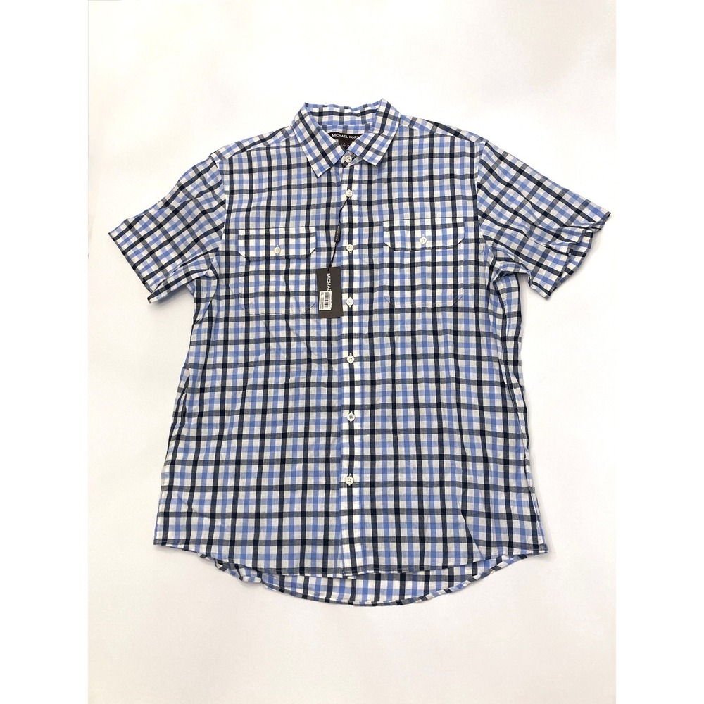 Michael Kors Linen Cotton Shirt Button Up Short Sleeve Blue Plaid Mens L‎ Tailor